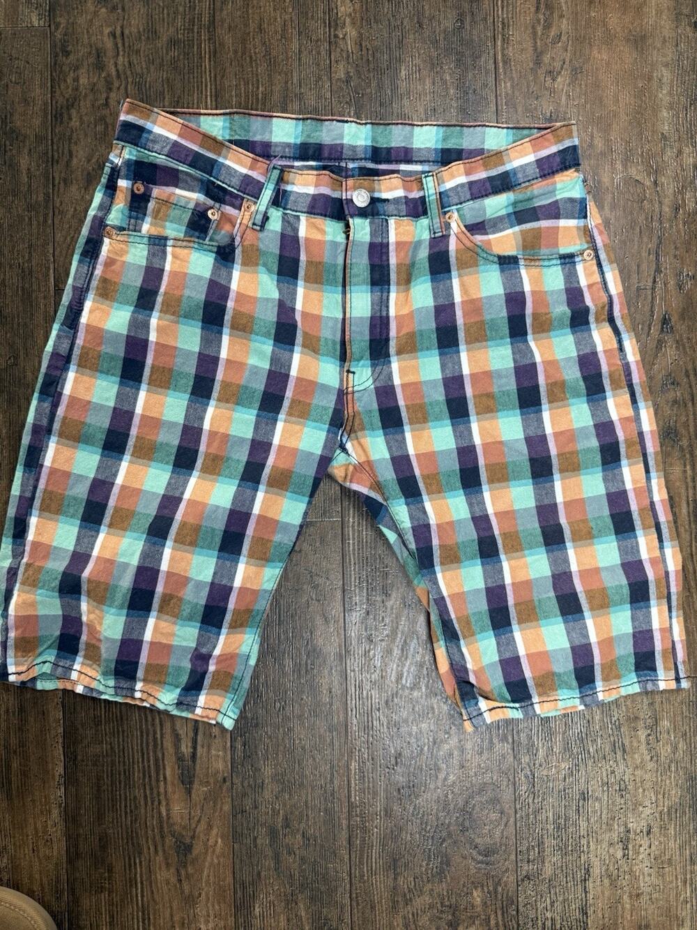 Levi's 504 Jean Shorts Mens 4 Plaid Purple Blue Green Orange 11" Casual Summer